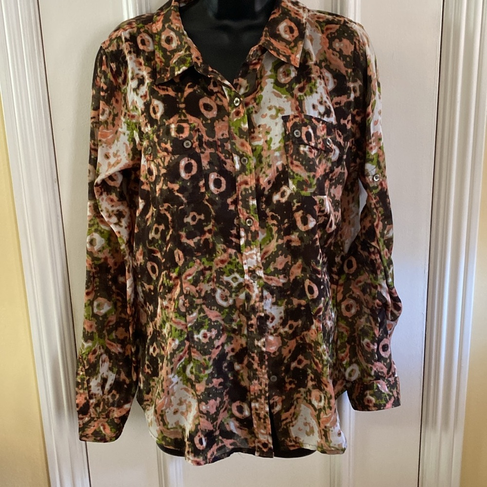 Calvin Klein Brown and Green Notched Collar Button Down Shirt Size L